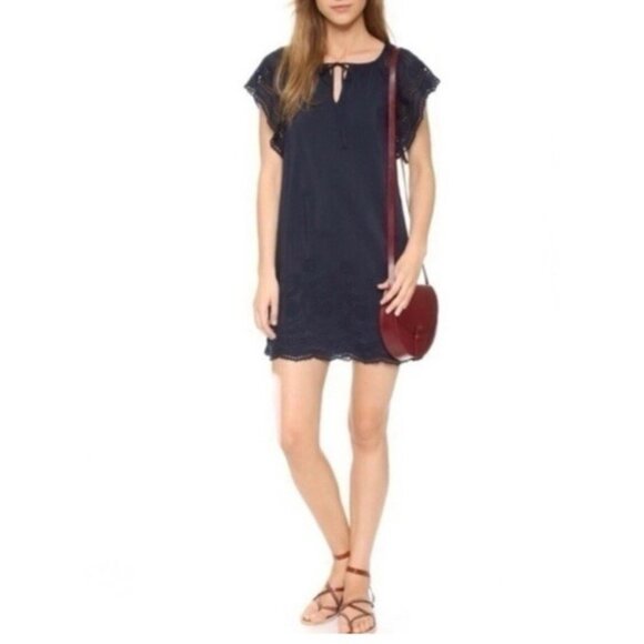 Madewell Dress Navy Blue Medium 6 8 10 Short Sleeve Embroidered Silk Cotton - Picture 4 of 15